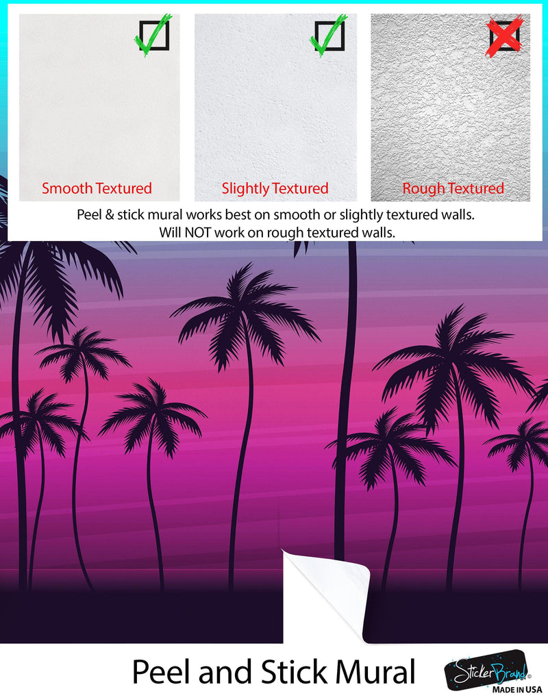 Miami Tropical Palm Tree Illustration Vice Color Sunset Wall Mural. Bright Miami Vice Blue and Fuchsia Colors.