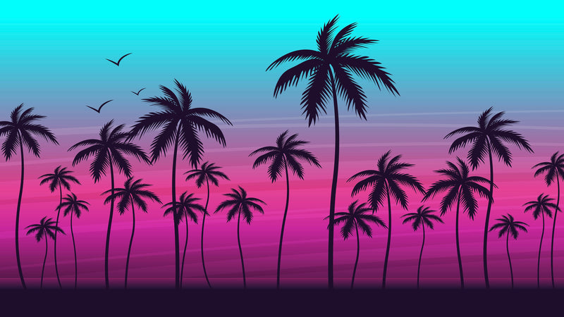 Miami Tropical Palm Tree Illustration Vice Color Sunset Wall Mural. Bright Miami Vice Blue and Fuchsia Colors.