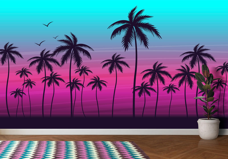 Miami Tropical Palm Tree Illustration Vice Color Sunset Wall Mural. Bright Miami Vice Blue and Fuchsia Colors.