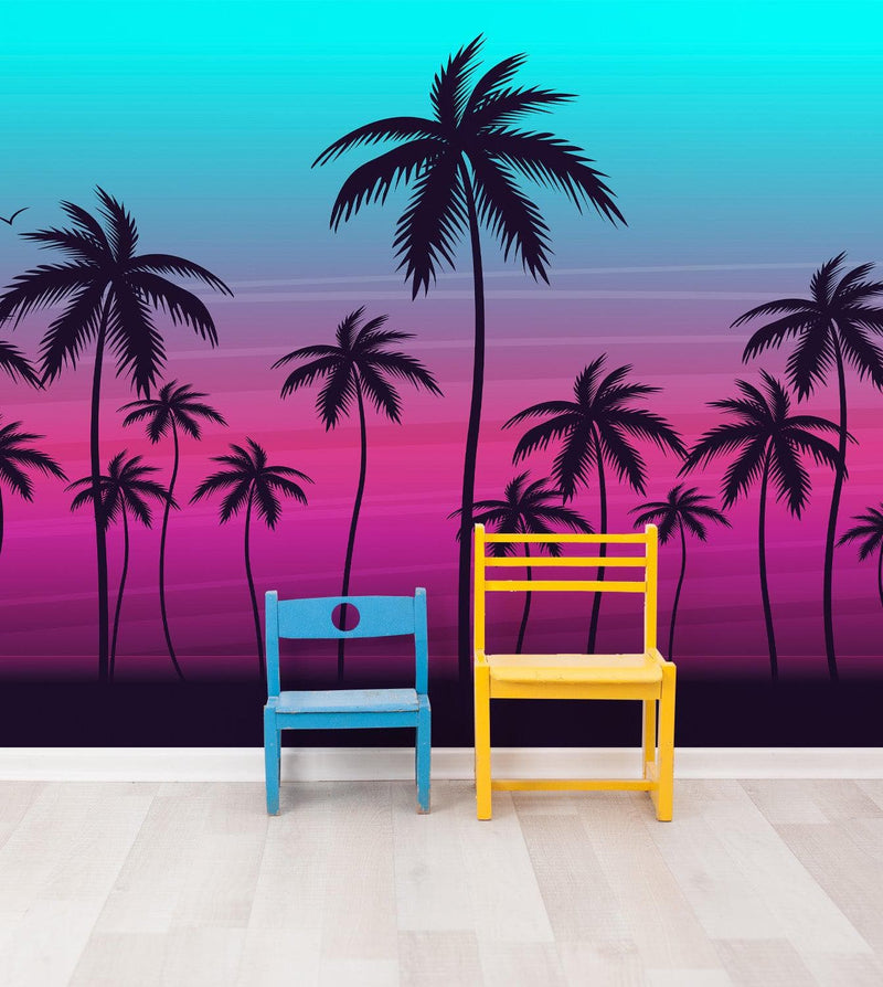 Miami Tropical Palm Tree Illustration Vice Color Sunset Wall Mural. Bright Miami Vice Blue and Fuchsia Colors.