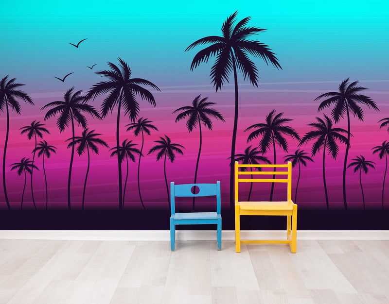 Miami Tropical Palm Tree Illustration Vice Color Sunset Wall Mural. Bright Miami Vice Blue and Fuchsia Colors.