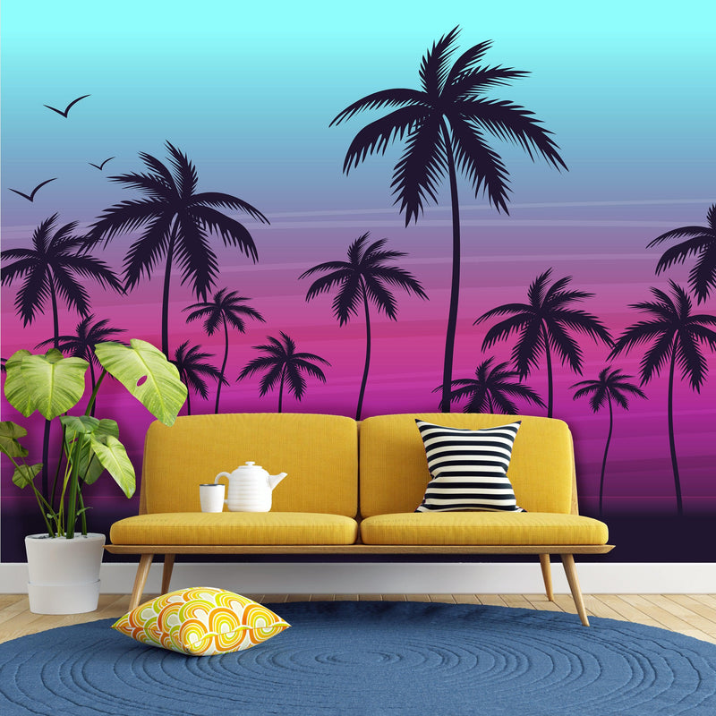 Miami Tropical Palm Tree Illustration Vice Color Sunset Wall Mural. Bright Miami Vice Blue and Fuchsia Colors.