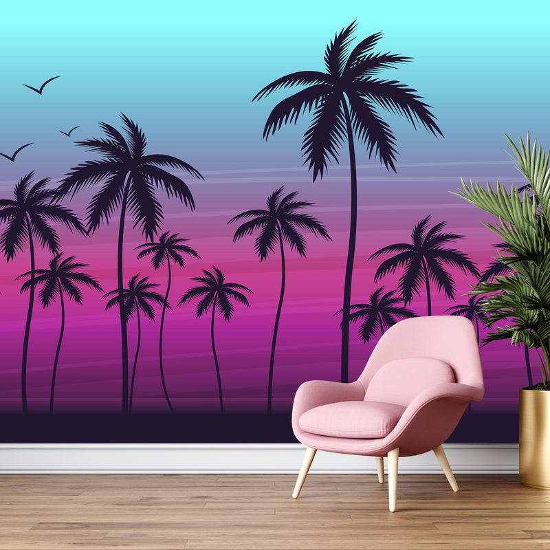 Miami Tropical Palm Tree Illustration Vice Color Sunset Wall Mural. Bright Miami Vice Blue and Fuchsia Colors.