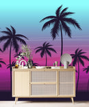 Miami Tropical Palm Tree Illustration Vice Color Sunset Wall Mural. Bright Miami Vice Blue and Fuchsia Colors.