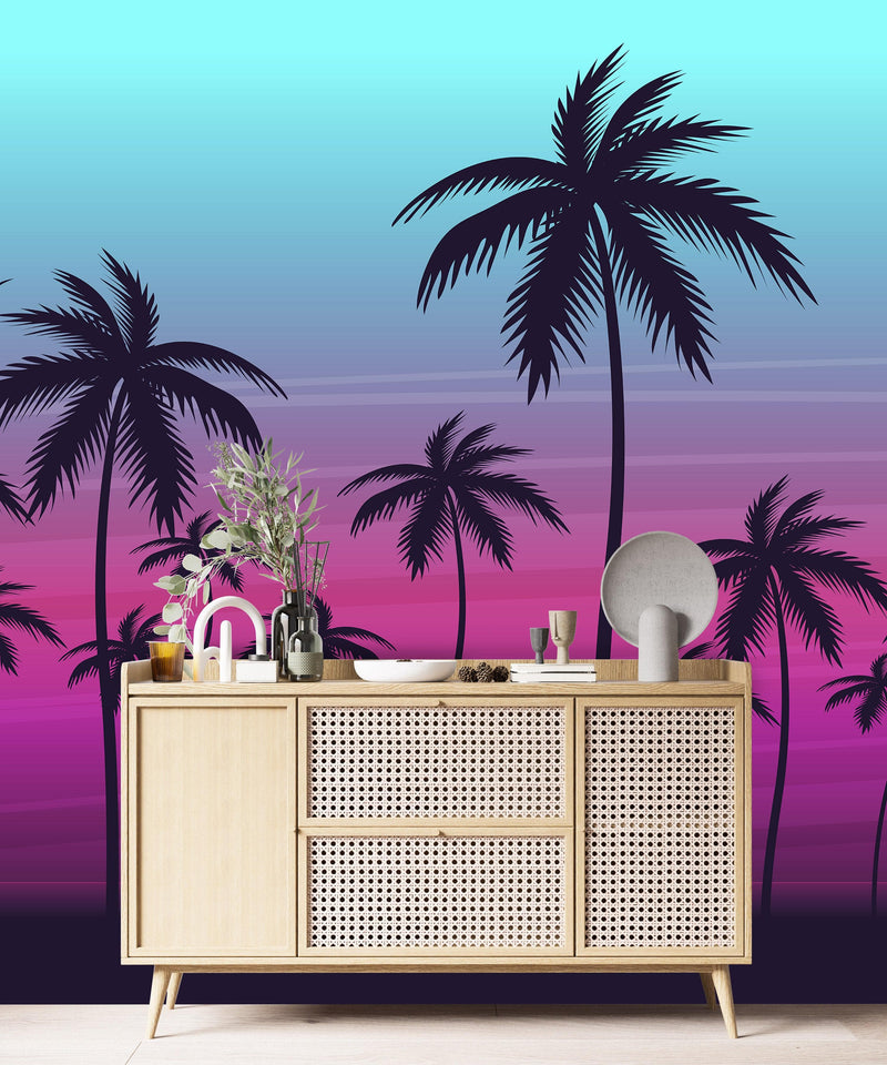 Miami Tropical Palm Tree Illustration Vice Color Sunset Wall Mural. Bright Miami Vice Blue and Fuchsia Colors.