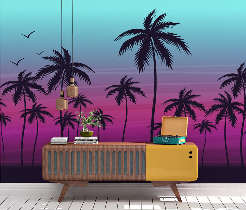 Miami Tropical Palm Tree Illustration Vice Color Sunset Wall Mural. Bright Miami Vice Blue and Fuchsia Colors.