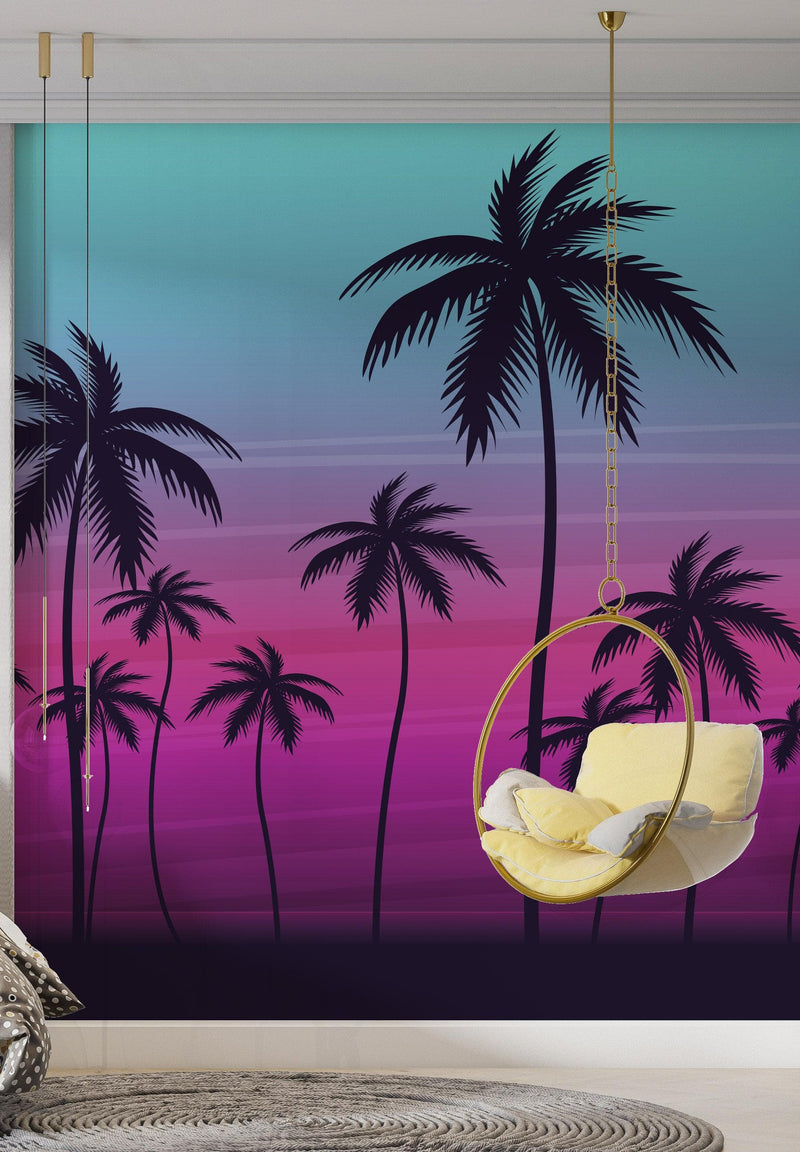 Miami Tropical Palm Tree Illustration Vice Color Sunset Wall Mural. Bright Miami Vice Blue and Fuchsia Colors.