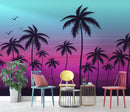 Miami Tropical Palm Tree Illustration Vice Color Sunset Wall Mural. Bright Miami Vice Blue and Fuchsia Colors.