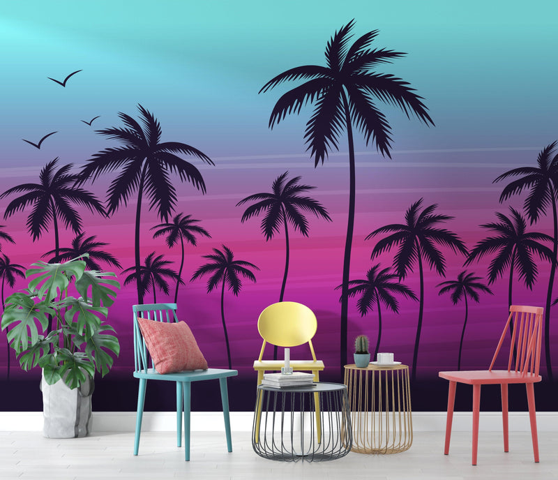 Miami Tropical Palm Tree Illustration Vice Color Sunset Wall Mural. Bright Miami Vice Blue and Fuchsia Colors.