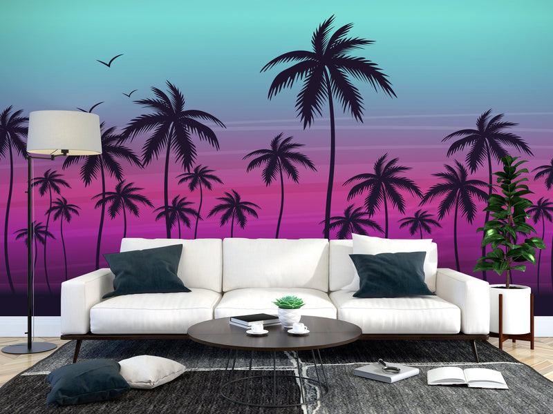 Miami Tropical Palm Tree Illustration Vice Color Sunset Wall Mural. Bright Miami Vice Blue and Fuchsia Colors.