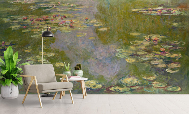 Monet Painting, Water Lilies (From 1919). Peel and Stick Wallpaper Wall Mural.