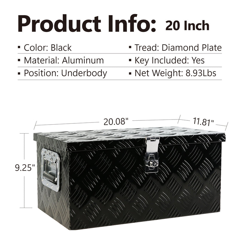 20 Inch Black Aluminum Tool Box 5 Bar Tread Flatbox for Truck Car Outdoor Trailer Pickup Underbody RV ATV Storage Tools Organizer with Lock Side Handle and Keys