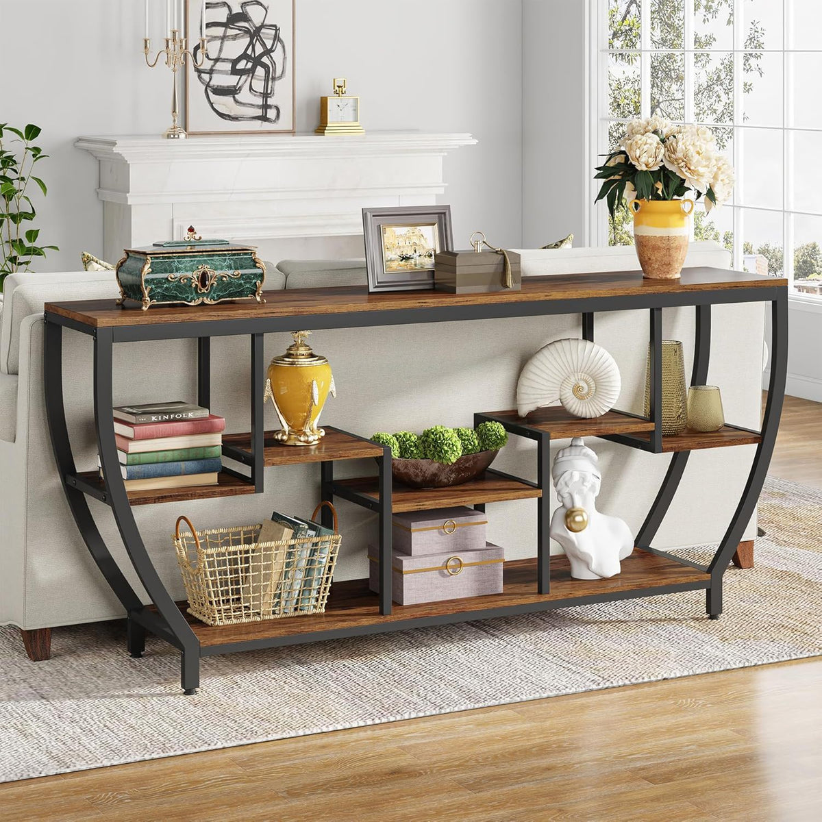 Extra Long Entryway Console Sofa Table With 7 Tier Shelves - Brown / Black, photo 5 of 10