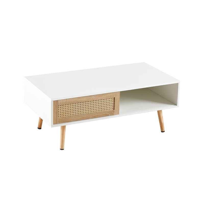 41.34" Rattan Coffee table, sliding door for storage, solid wood legs, Modern table for living room, White