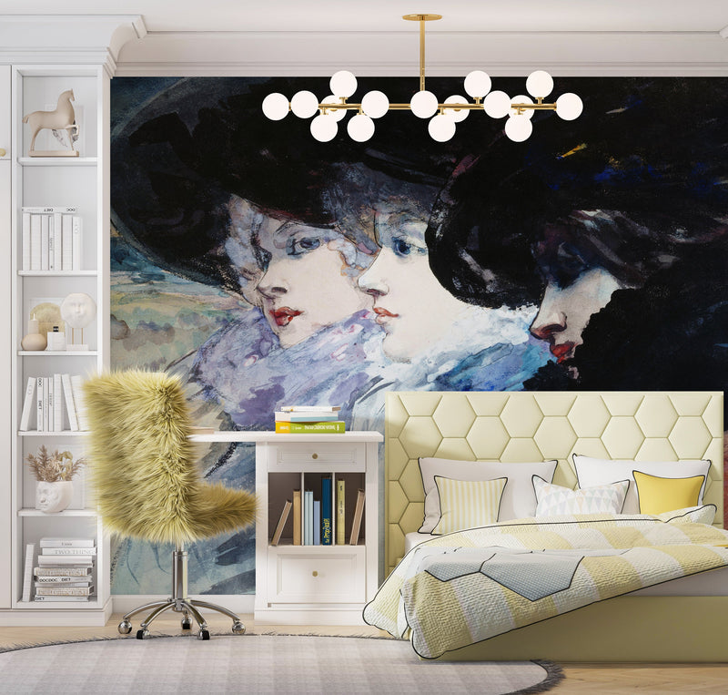 Vintage Painting, Three Women in Profile by Artist Henry Somm. Large Wall Mural / Peel and Stick Wallpaper.