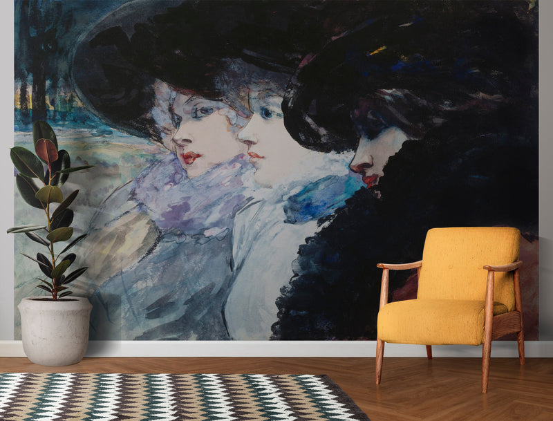 Vintage Painting, Three Women in Profile by Artist Henry Somm. Large Wall Mural / Peel and Stick Wallpaper.