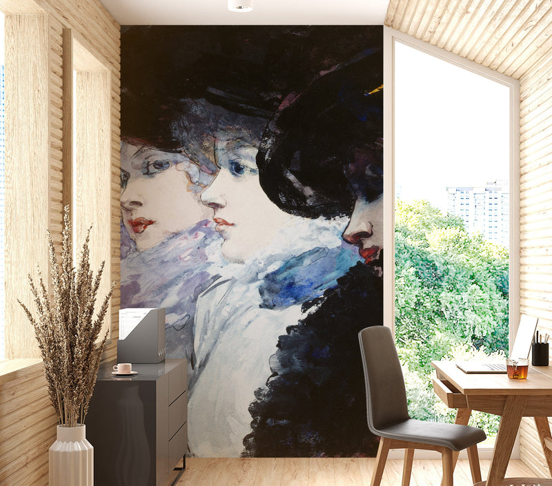 Vintage Painting, Three Women in Profile by Artist Henry Somm. Large Wall Mural / Peel and Stick Wallpaper.