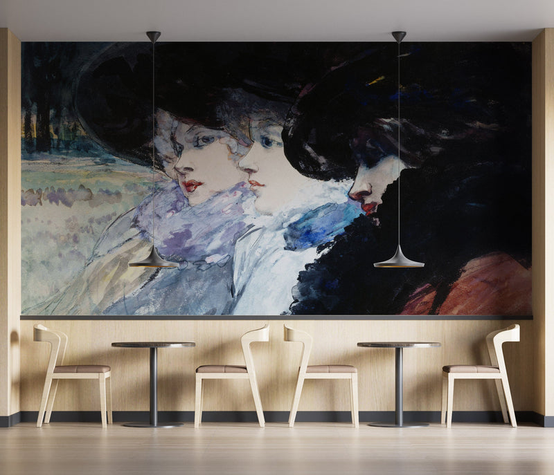 Vintage Painting, Three Women in Profile by Artist Henry Somm. Large Wall Mural / Peel and Stick Wallpaper.