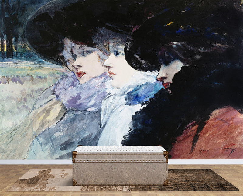 Vintage Painting, Three Women in Profile by Artist Henry Somm. Large Wall Mural / Peel and Stick Wallpaper.