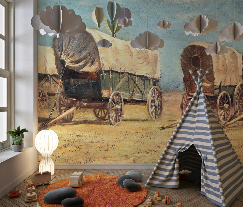 Western Cowboy Theme Wall Mural Decor. Study of Covered Wagons by Samuel Colman. Painting Artwork. Peel and Stick Wallpaper.