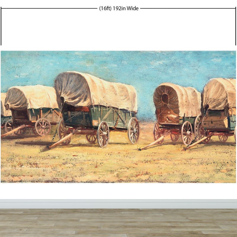 Western Cowboy Theme Wall Mural Decor. Study of Covered Wagons by Samuel Colman. Painting Artwork. Peel and Stick Wallpaper.