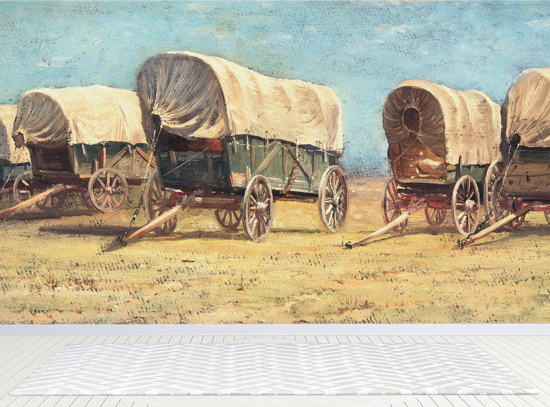 Western Cowboy Theme Wall Mural Decor. Study of Covered Wagons by Samuel Colman. Painting Artwork. Peel and Stick Wallpaper.