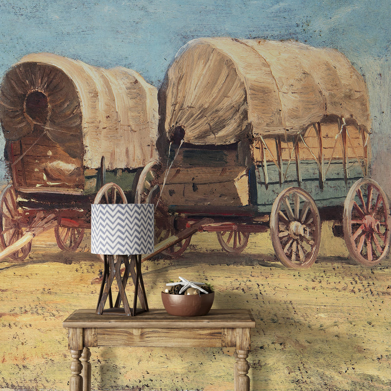 Western Cowboy Theme Wall Mural Decor. Study of Covered Wagons by Samuel Colman. Painting Artwork. Peel and Stick Wallpaper.