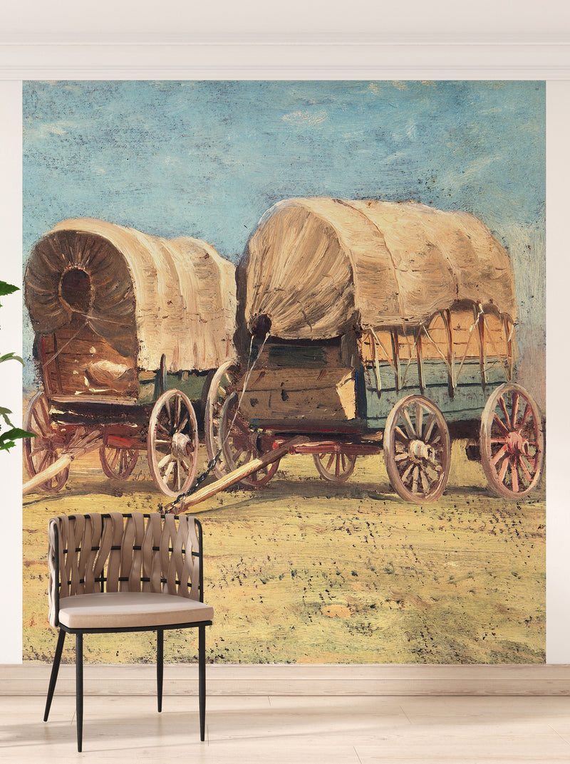 Western Cowboy Theme Wall Mural Decor. Study of Covered Wagons by Samuel Colman. Painting Artwork. Peel and Stick Wallpaper.