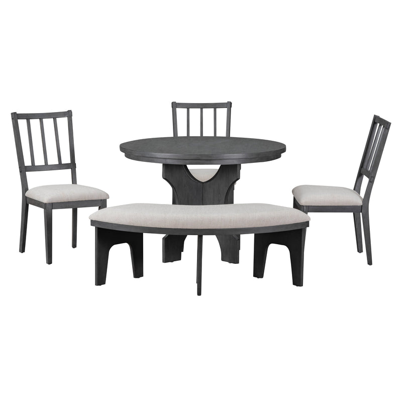 5-Piece Dining Table Set, 44" Round Dining Table with Curved Bench & Side Chairs for 4-5 People for Dining Room and Kitchen (Grey)