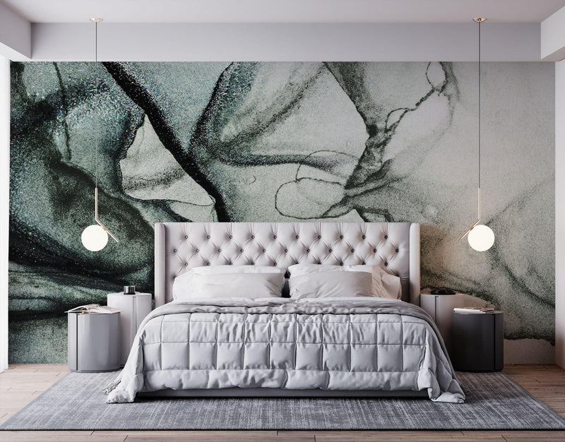 Abstract Black and White Fluid Alcohol Ink Painting Wall Mural. Peel and Stick Wallpaper.
