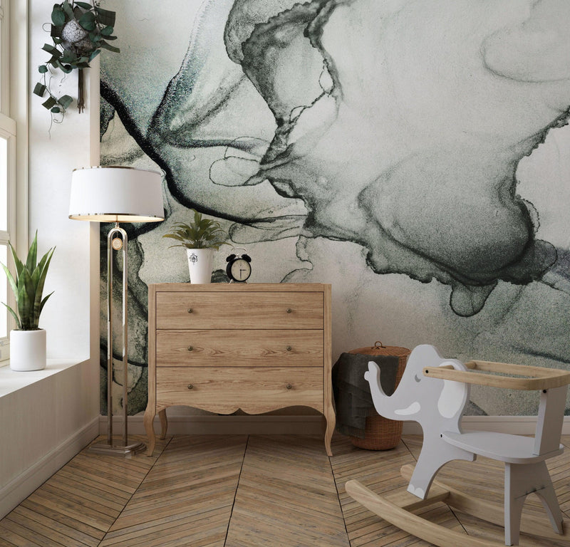 Abstract Black and White Fluid Alcohol Ink Painting Wall Mural. Peel and Stick Wallpaper.