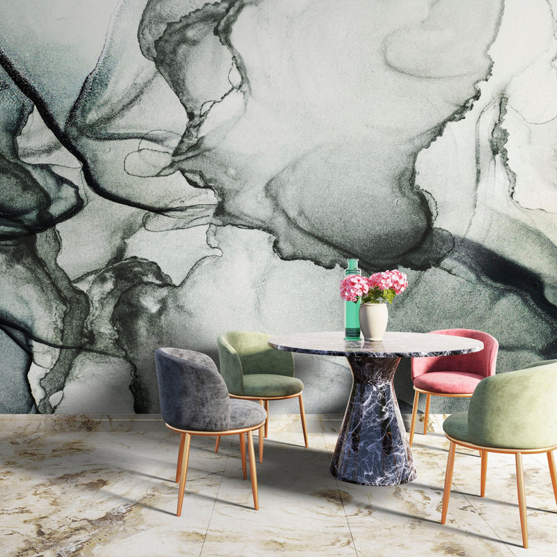 Abstract Black and White Fluid Alcohol Ink Painting Wall Mural. Peel and Stick Wallpaper.