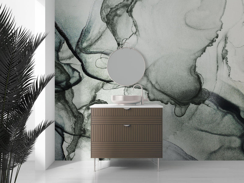 Abstract Black and White Fluid Alcohol Ink Painting Wall Mural. Peel and Stick Wallpaper.