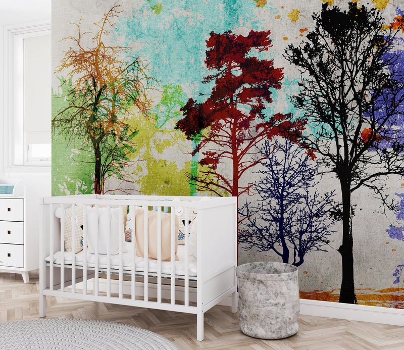 Forest Trees Wall Mural. Abstract Color Print. Peel and Stick Wallpaper / Removable Wall Mural.