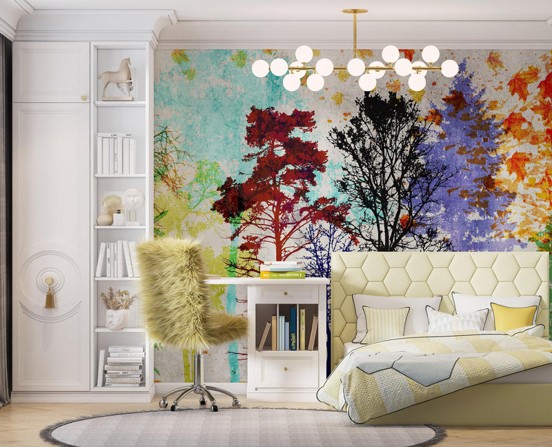 Forest Trees Wall Mural. Abstract Color Print. Peel and Stick Wallpaper / Removable Wall Mural.