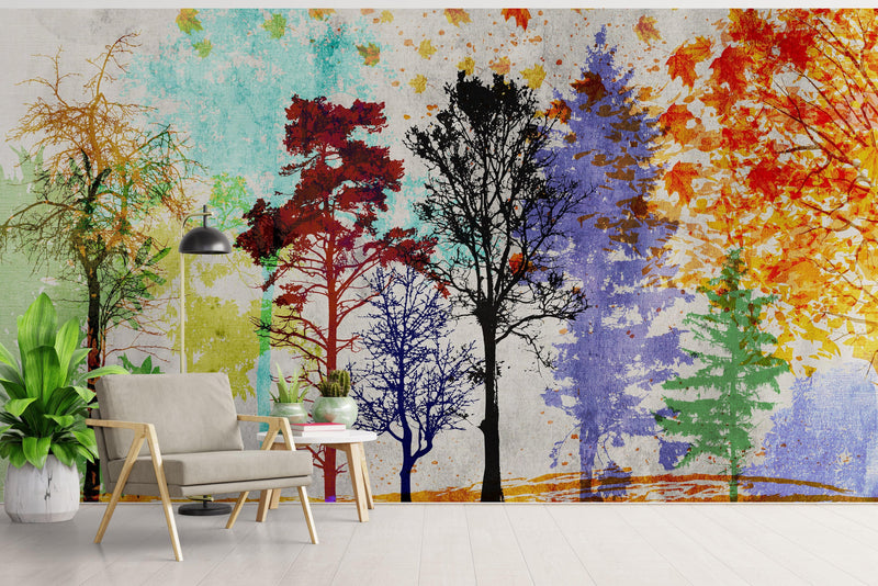 Forest Trees Wall Mural. Abstract Color Print. Peel and Stick Wallpaper / Removable Wall Mural.