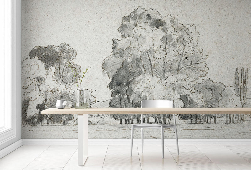 Forest Trees Wallpaper Peel and Stick Mural, Grove of Trees Drawing by Camille Pissarro.