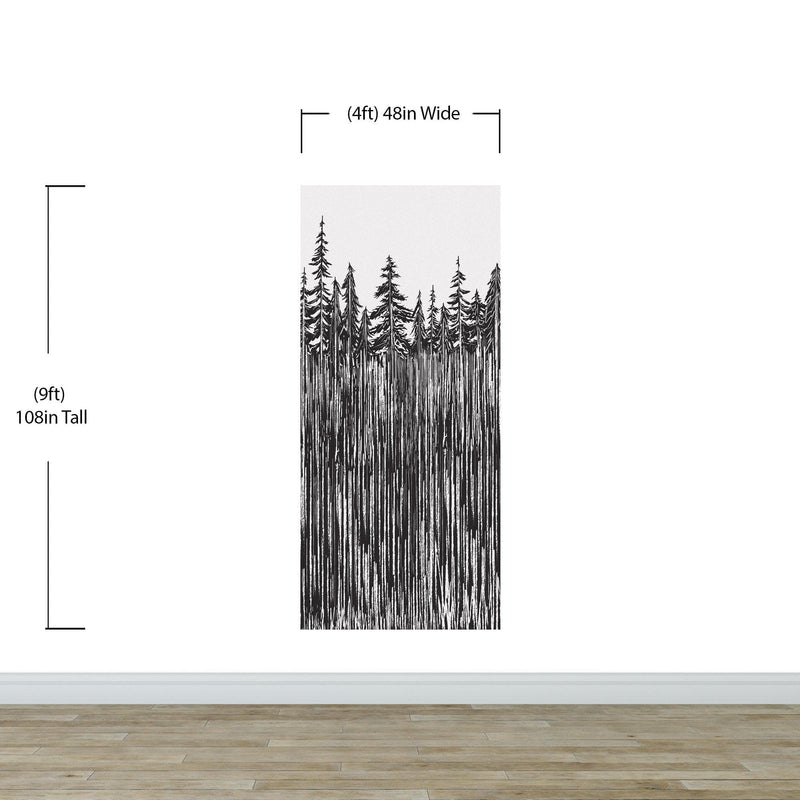 Forest Trees Trunks Grunge Illustration Wall Mural. Peel and Stick Wallpaper. Abstract Lines Silhouette Outdoors Scenery.