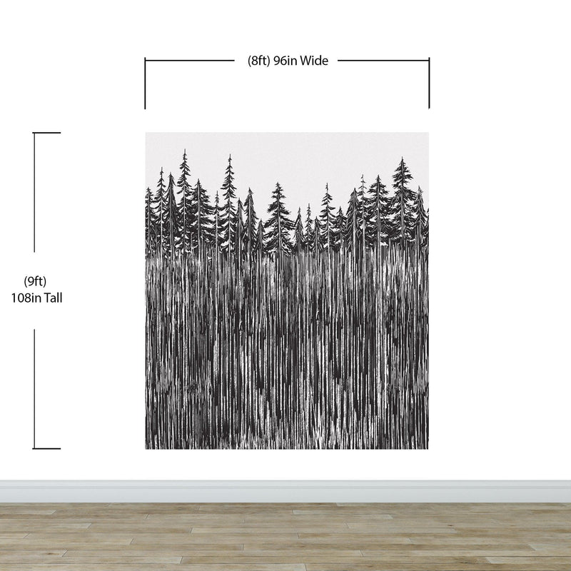 Forest Trees Trunks Grunge Illustration Wall Mural. Peel and Stick Wallpaper. Abstract Lines Silhouette Outdoors Scenery.