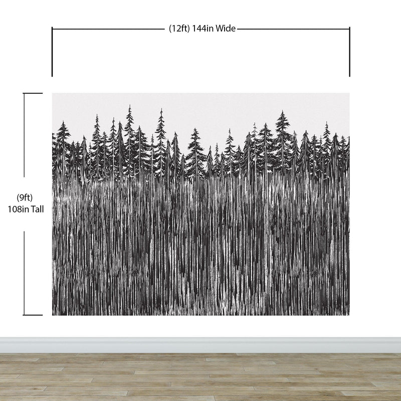 Forest Trees Trunks Grunge Illustration Wall Mural. Peel and Stick Wallpaper. Abstract Lines Silhouette Outdoors Scenery.