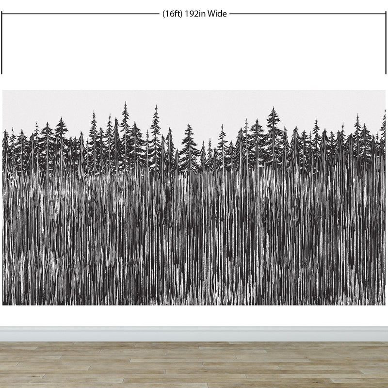 Forest Trees Trunks Grunge Illustration Wall Mural. Peel and Stick Wallpaper. Abstract Lines Silhouette Outdoors Scenery.