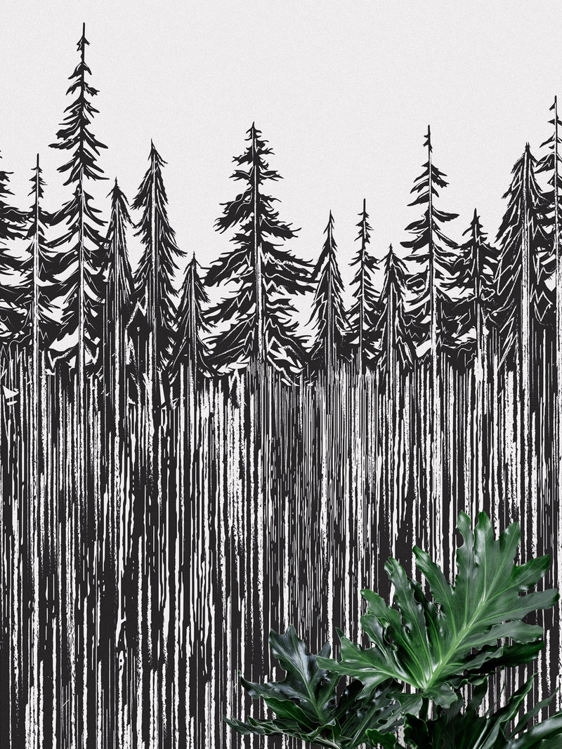 Forest Trees Trunks Grunge Illustration Wall Mural. Peel and Stick Wallpaper. Abstract Lines Silhouette Outdoors Scenery.