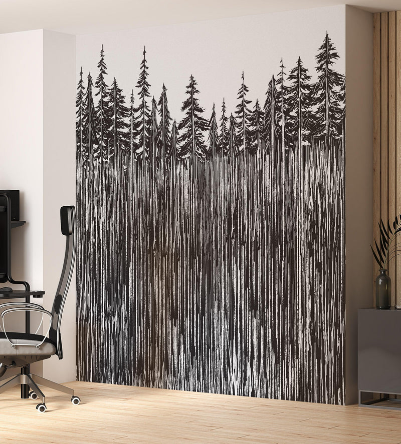 Forest Trees Trunks Grunge Illustration Wall Mural. Peel and Stick Wallpaper. Abstract Lines Silhouette Outdoors Scenery.