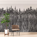 Forest Trees Trunks Grunge Illustration Wall Mural. Peel and Stick Wallpaper. Abstract Lines Silhouette Outdoors Scenery.