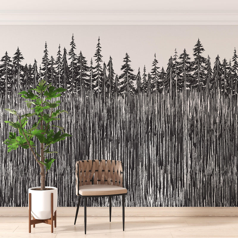 Forest Trees Trunks Grunge Illustration Wall Mural. Peel and Stick Wallpaper. Abstract Lines Silhouette Outdoors Scenery.