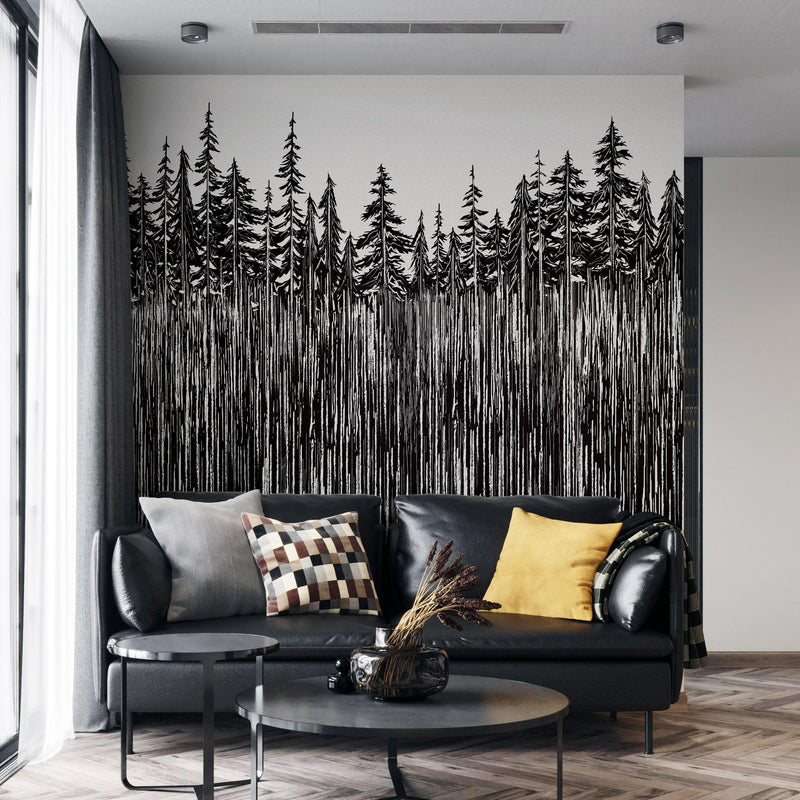 Forest Trees Trunks Grunge Illustration Wall Mural. Peel and Stick Wallpaper. Abstract Lines Silhouette Outdoors Scenery.