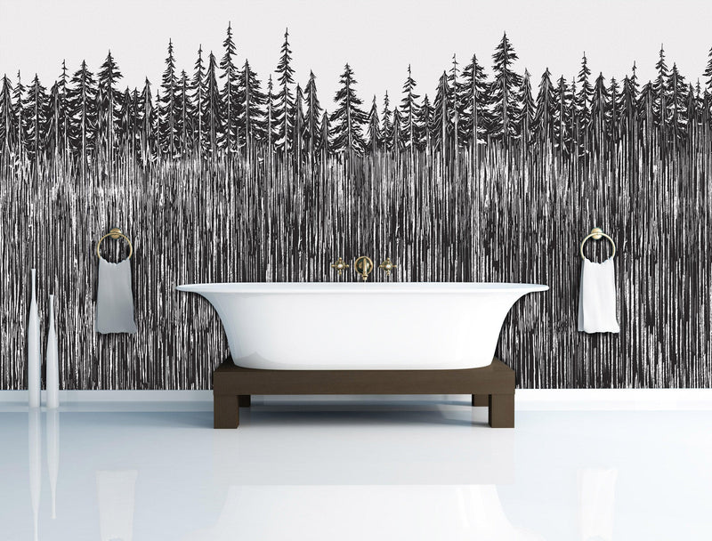 Forest Trees Trunks Grunge Illustration Wall Mural. Peel and Stick Wallpaper. Abstract Lines Silhouette Outdoors Scenery.