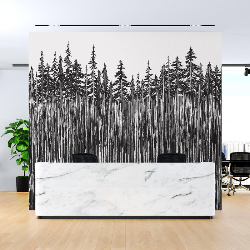 Forest Trees Trunks Grunge Illustration Wall Mural. Peel and Stick Wallpaper. Abstract Lines Silhouette Outdoors Scenery.