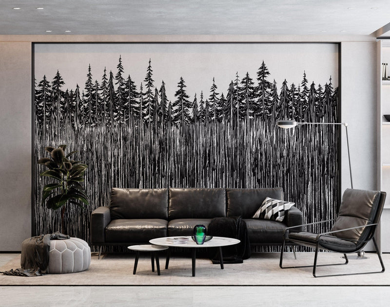 Forest Trees Trunks Grunge Illustration Wall Mural. Peel and Stick Wallpaper. Abstract Lines Silhouette Outdoors Scenery.