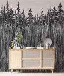 Forest Trees Trunks Grunge Illustration Wall Mural. Peel and Stick Wallpaper. Abstract Lines Silhouette Outdoors Scenery.